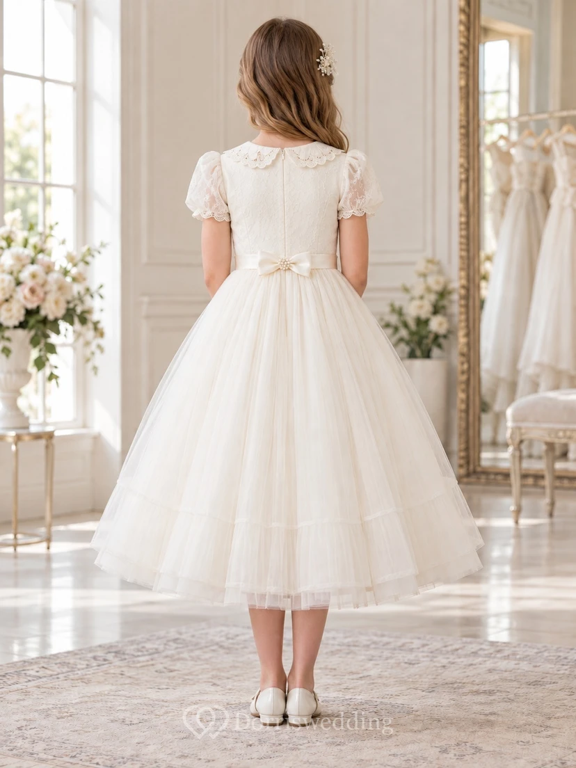 Tea-length Vintage Ivory A-line Lace Tulle Collared Puff-sleeve Flower Girl Dress view 2