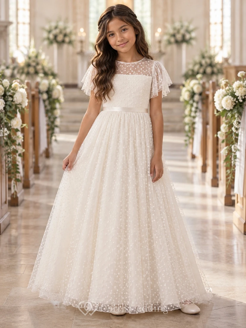 Elfenbeinfarbenes A-Linien-Kleid aus Tüll mit Punkten, bodenlang, mit Illusionseffekt, flatternden Ärmeln und Schleife am Rücken für Blumenmädchen