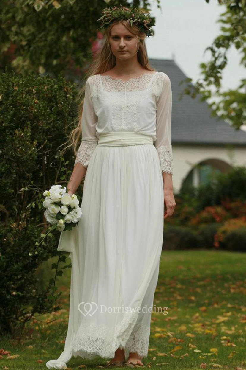 Bateau-Hochzeitskleid mit langen Ärmeln, Spitze und Chiffon, plissiert
