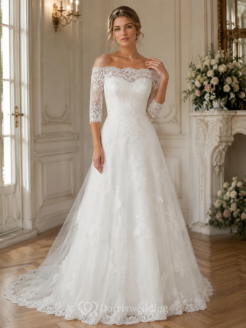 A-Line 3-4-Sleeve Off-The-Shoulder Lace&Tulle Wedding Dress With Illusion