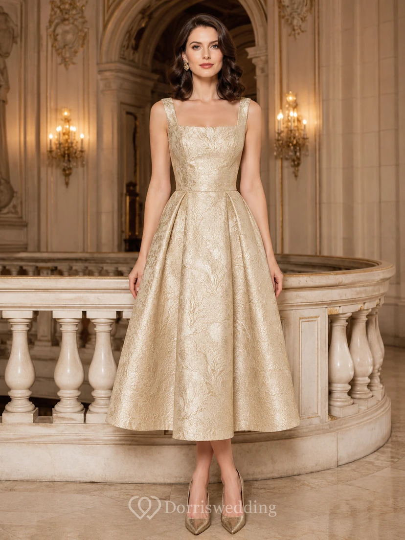 Champagne Formal Theater Wedding Guest Bridesmaid Cocktail Formal Dress A-Line Tea-Length Square Neck Strappy Sleeveless Satin Jacquard Strappy Back