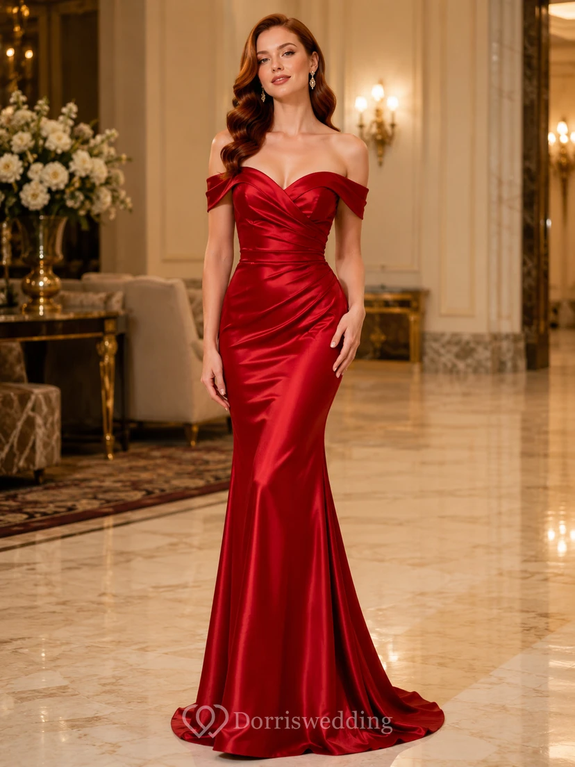 Vestido de sirena de satén de seda rojo con hombros descubiertos