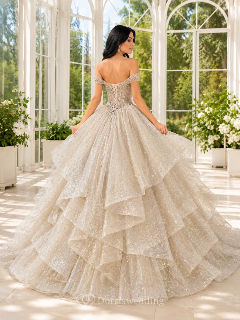 Champagne Luxury Off Shoulder Layered Holographic Glitter Quinceanera Princess Ball Gown view 2