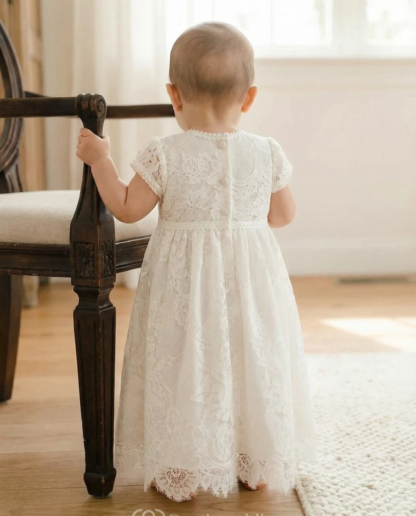 White Baby Flower Girl Dress Lace Bodice Short Sleeve Christening Gown view 2