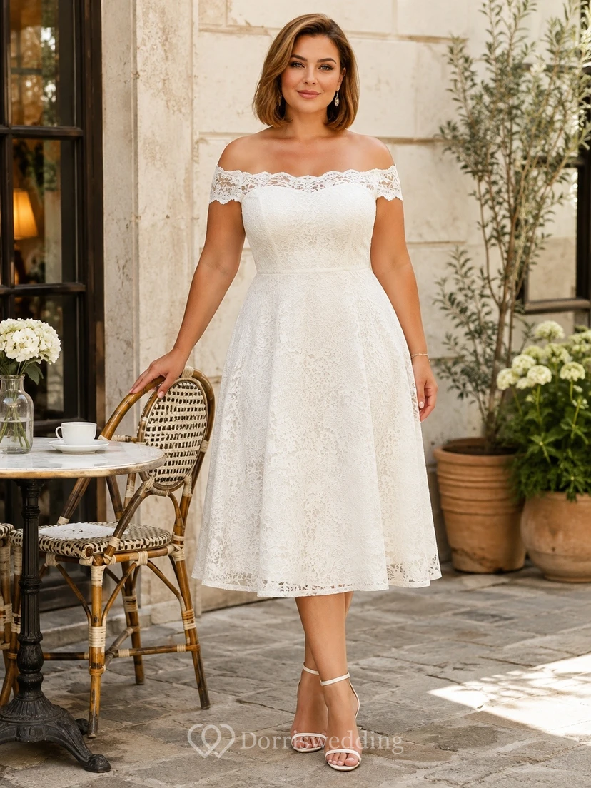 Weißes schulterfreies, kurzärmeliges Midikleid aus Spitze in Übergröße