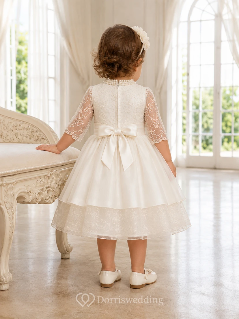 Robe de baptême Pearl, coupe trapèze, tulle et dentelle, col rond, manches longues, longueur thé view 2