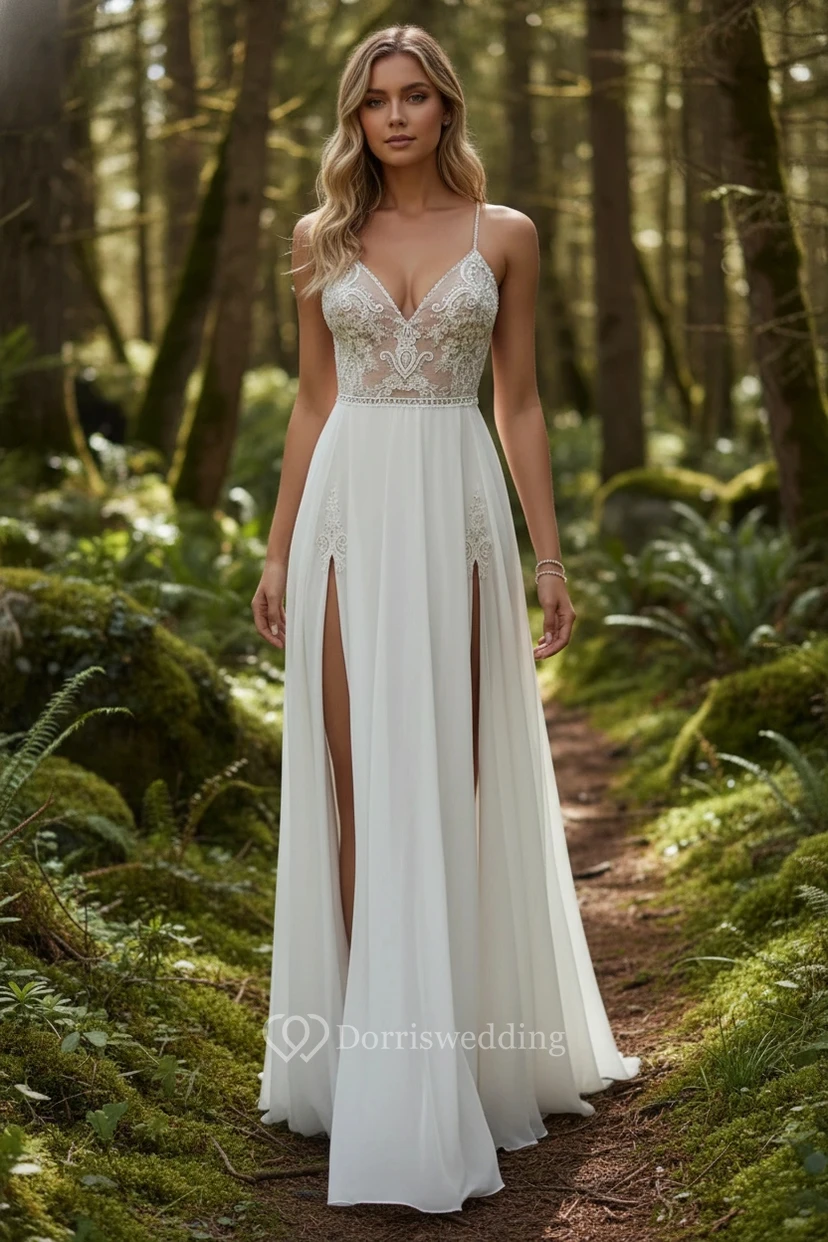 Spaghetti Sexy Chiffon Flowy Lace Wedding Dress with High Slit
