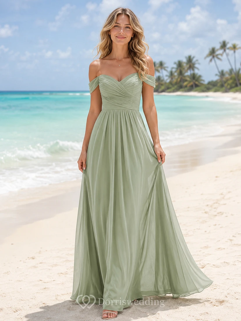 Brautjungfernkleid aus Chiffon in A-Linie von Sage Destination Beach mit schulterfreiem, herzförmigem Kurzarm-Oberteil, plissiertem, bodenlangem Rock und Reißverschluss hinten.