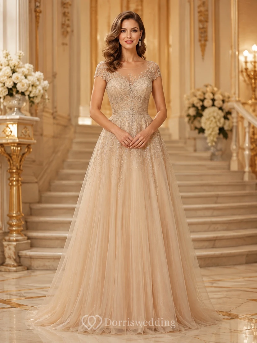 Champagne Cap Sleeve Beaded Lace Tulle A-Line Floor-Length Luxury Formal Evening Gown