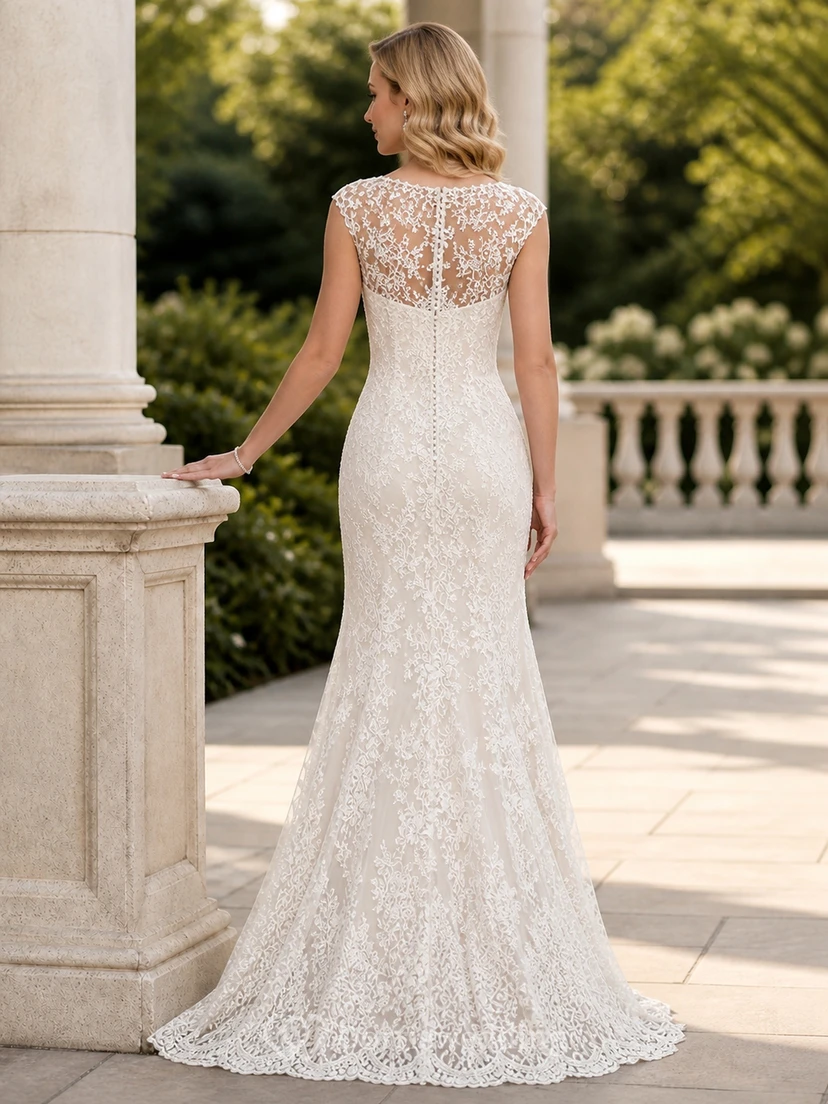 Vestido de novia modesto estilo sirena con escote barco, sin mangas y encaje floral festoneado view 2