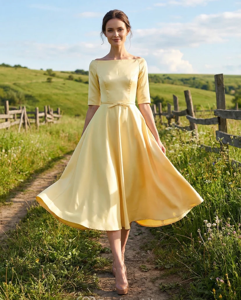 Satin Tea-Length Off-the-Shoulder Party Dress