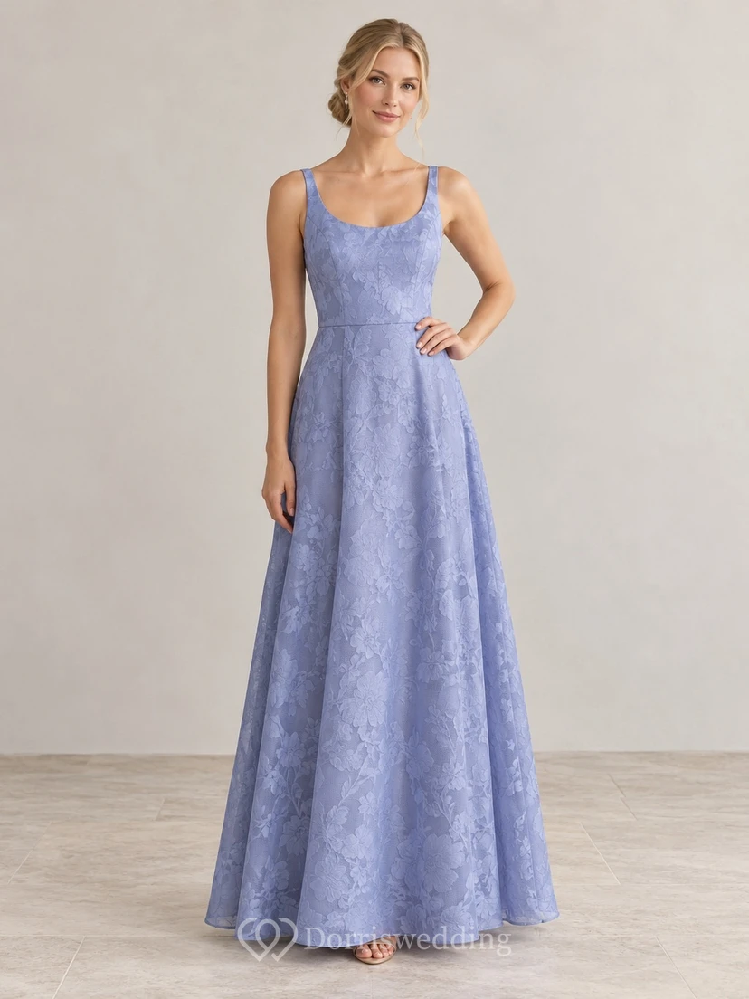 Elegantes periwinklefarbenes Brautjungfernkleid mit floralem Jacquardmuster, Rundhalsausschnitt, A-Linie und bodenlang