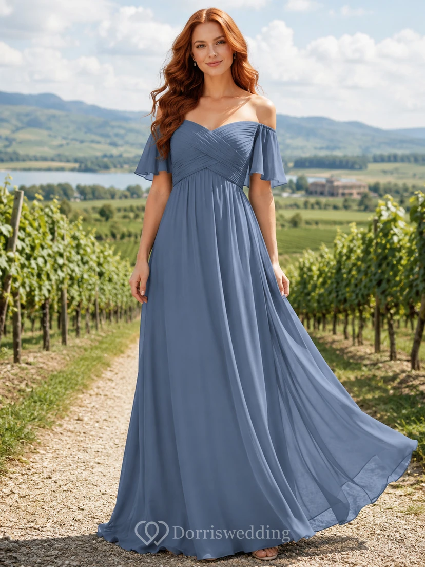 Steel Blue Chiffon A-Line Off-Shoulder Sweetheart Flutter Sleeve Pleated Zip Back Floor-Length Bridesmaid Dress