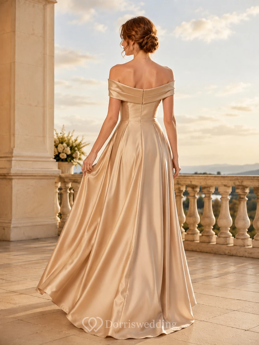 Champagnerfarbenes, schulterfreies, geschlitztes A-Linien-Abendkleid aus Satin für elegante Empfänge view 2