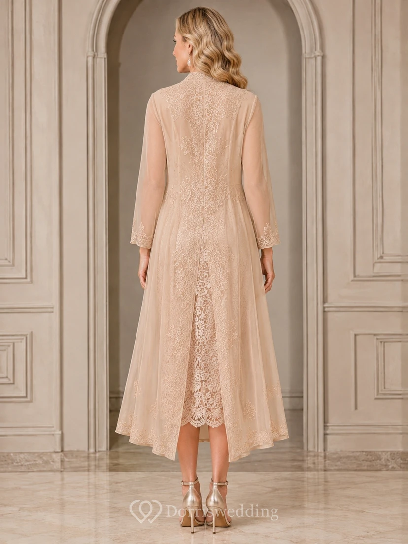 Champagne Long Sleeve Lace Sheath Chiffon Coat Mother Dress view 2