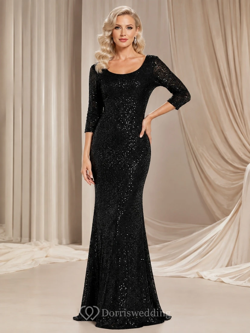 Vestido de noche de sirena negro con lentejuelas, cuello alto y manga larga