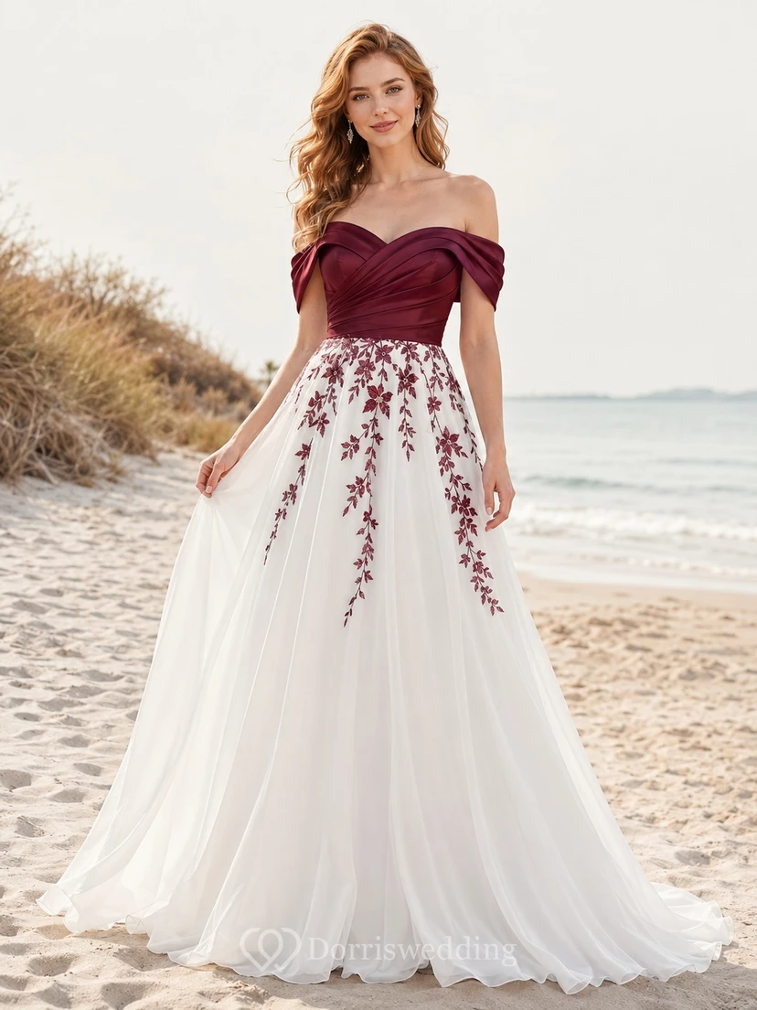 Burgunderfarbenes schulterfreies, kurzärmeliges, besticktes Tüll-Brautkleid in A-Linie mit Schleppe