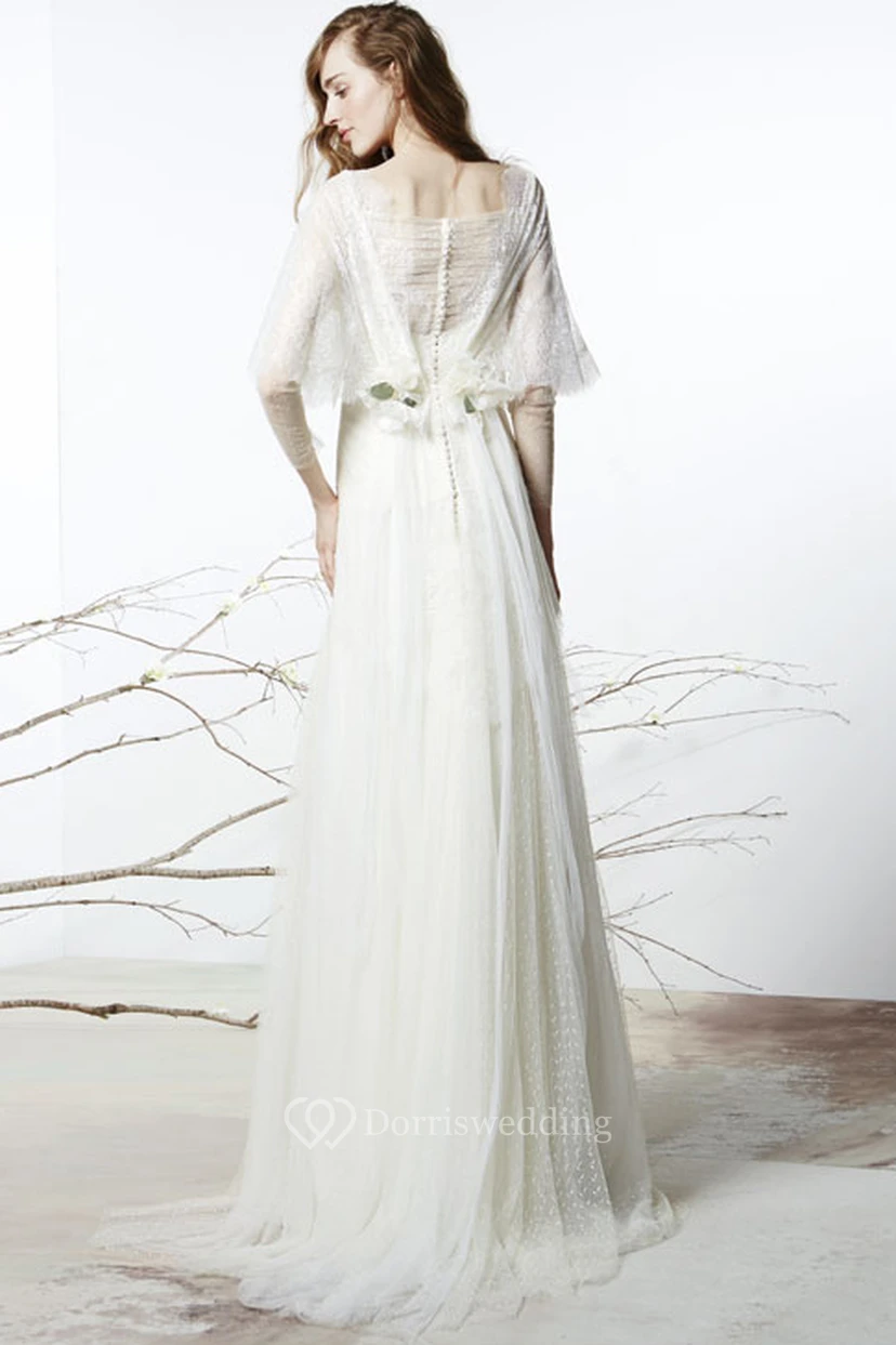 Sheath Floor-Length Bateau Floral Long-Sleeve Tulle Wedding Dress With Illusion Back And Lace view 2