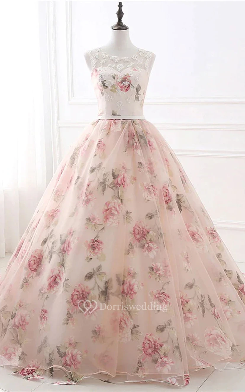 Vestido de fiesta de gala sin mangas con escote redondo y corte imperio, estampado floral view 4