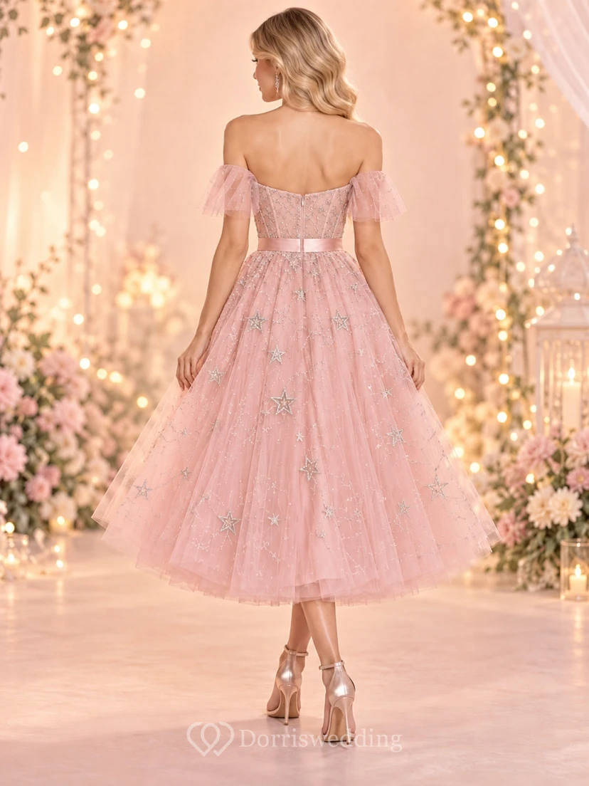 Fairy Tea-length Pink Sweetheart Off Shoulder Star Tulle Birthday Dress view 2