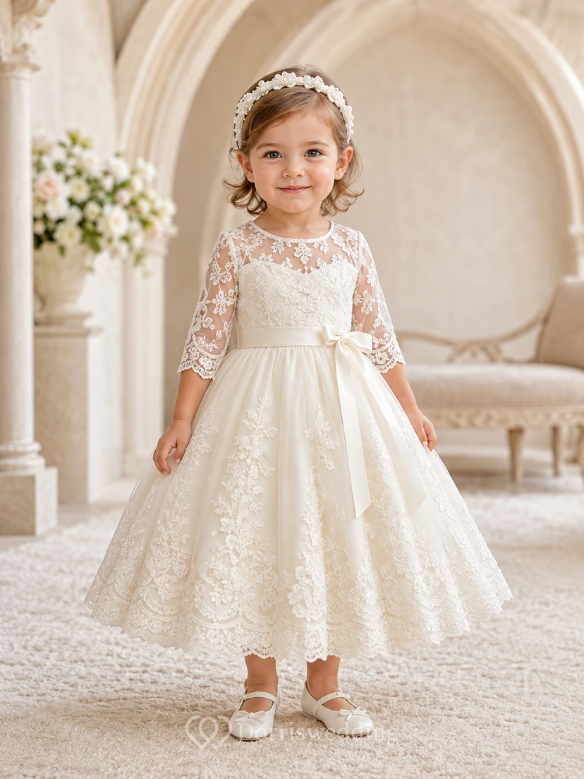 Modest Baby Baptism Christening Ceremony Dress A-Line Tea-Length Jewel Neck Long Lace Sleeve Tulle Lace Bow Back Button Back