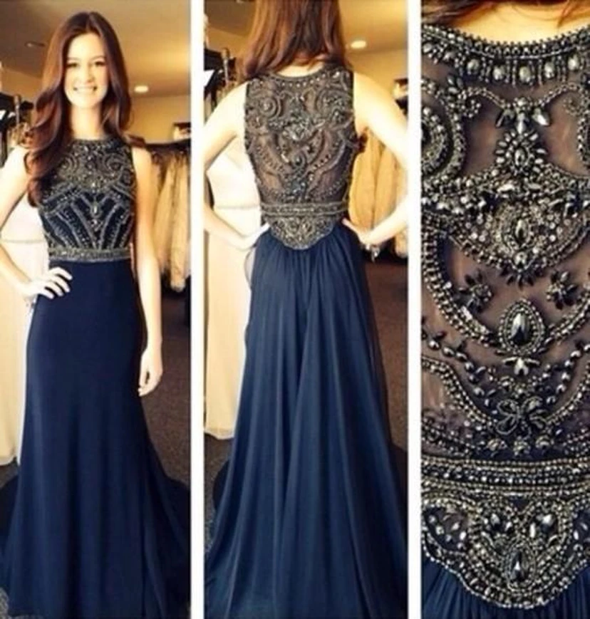 Sexy Sleeveless Navy Prom Dresses Floor Length Chiffon Top Sheer Party Gowns With Beaded Rhinestones view 2