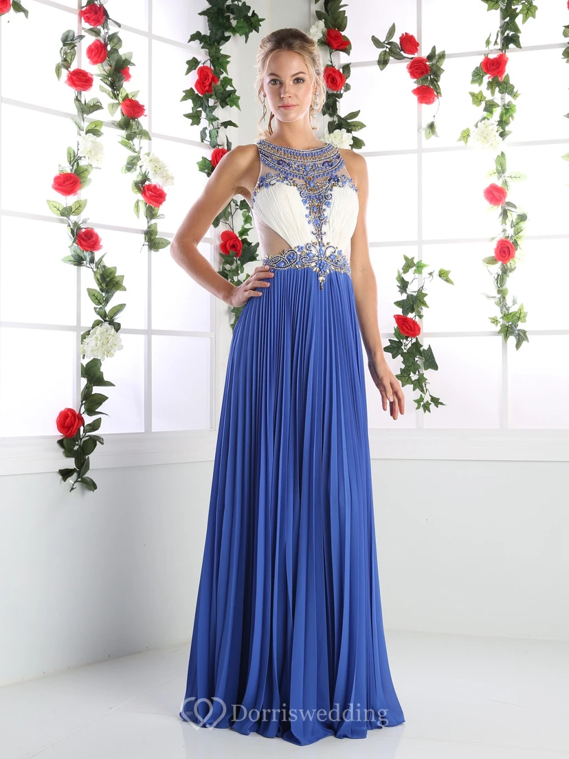 A-Line Scoop-Neck Sleeveless Chiffon Illusion Dress With Pleats And Beading