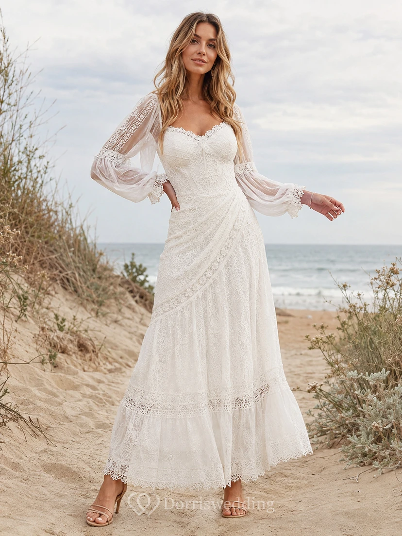 Bohemian White Ankle-Length Off-Shoulder Poet Sleeve Lace Dress Destination Celebration