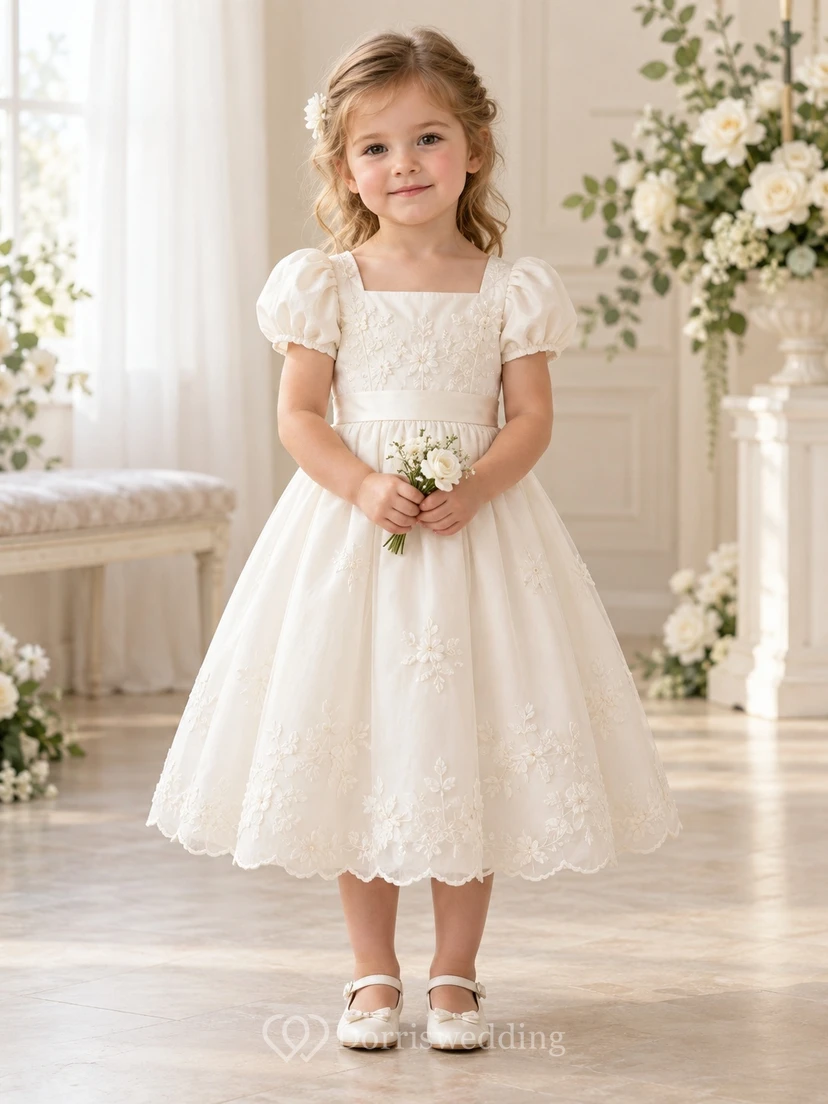 Teelanges, eckiges Ausschnitt-Kleid in Elfenbein mit A-Linien-Schnitt, floraler Spitze, Puffärmeln und Muschelsaum für Blumenmädchen