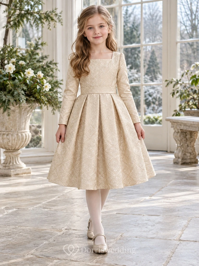 Champagne Square Neck Long Sleeve Box Pleat Flower Girl Dress