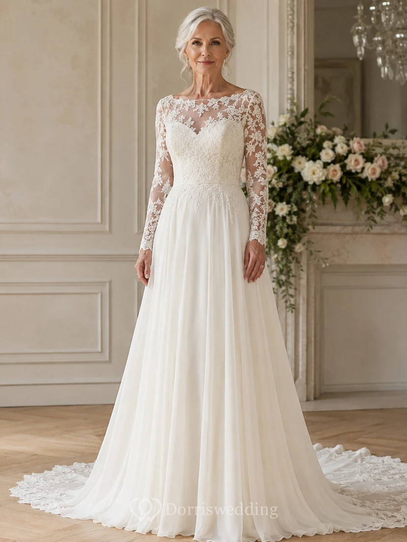 Modest Long Sleeve Lace A-Line Older Brides Wedding Dress with Illusion Back