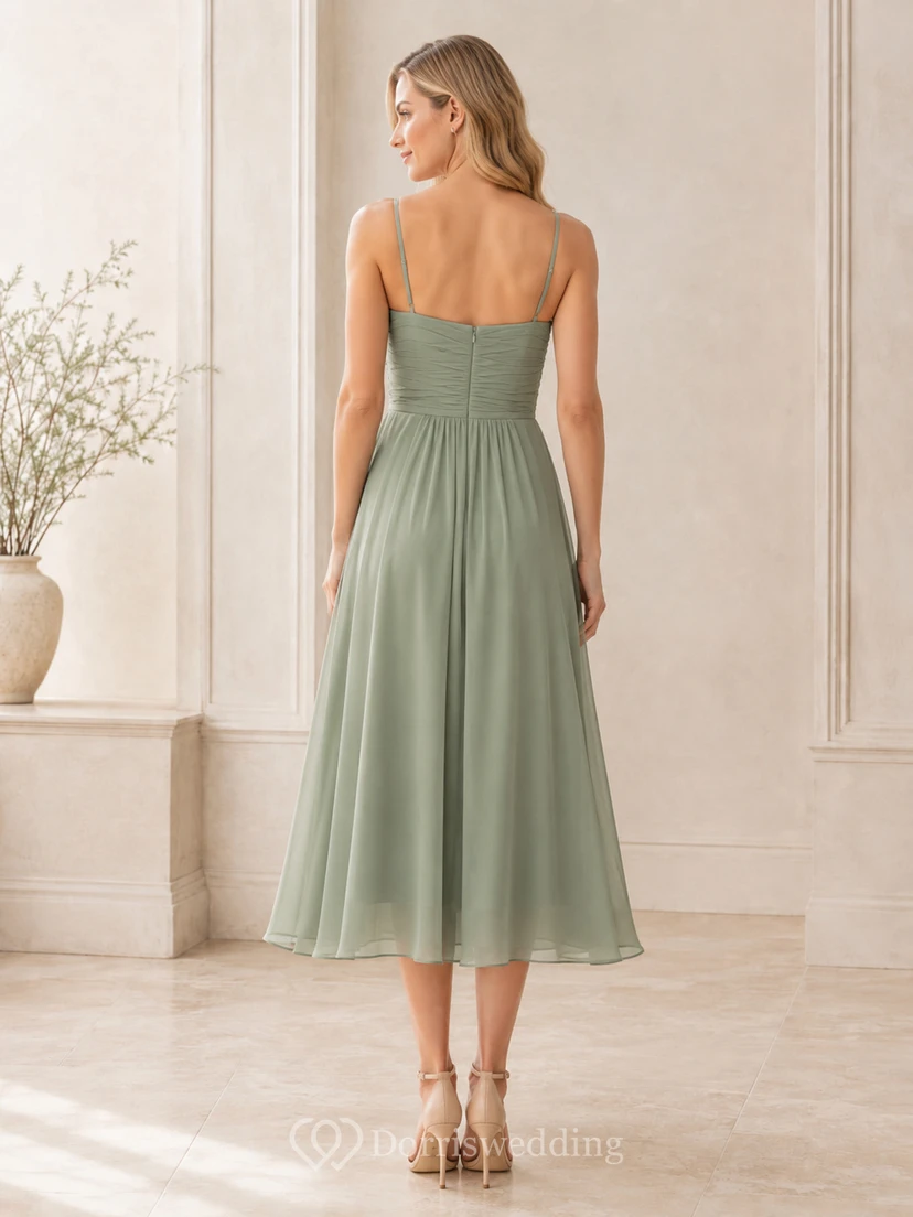 Schlichtes, cremefarbenes, quadratisches Spaghetti-Faltenkleid aus Chiffon in A-Linie mit Teelänge für Brautjungfern view 2