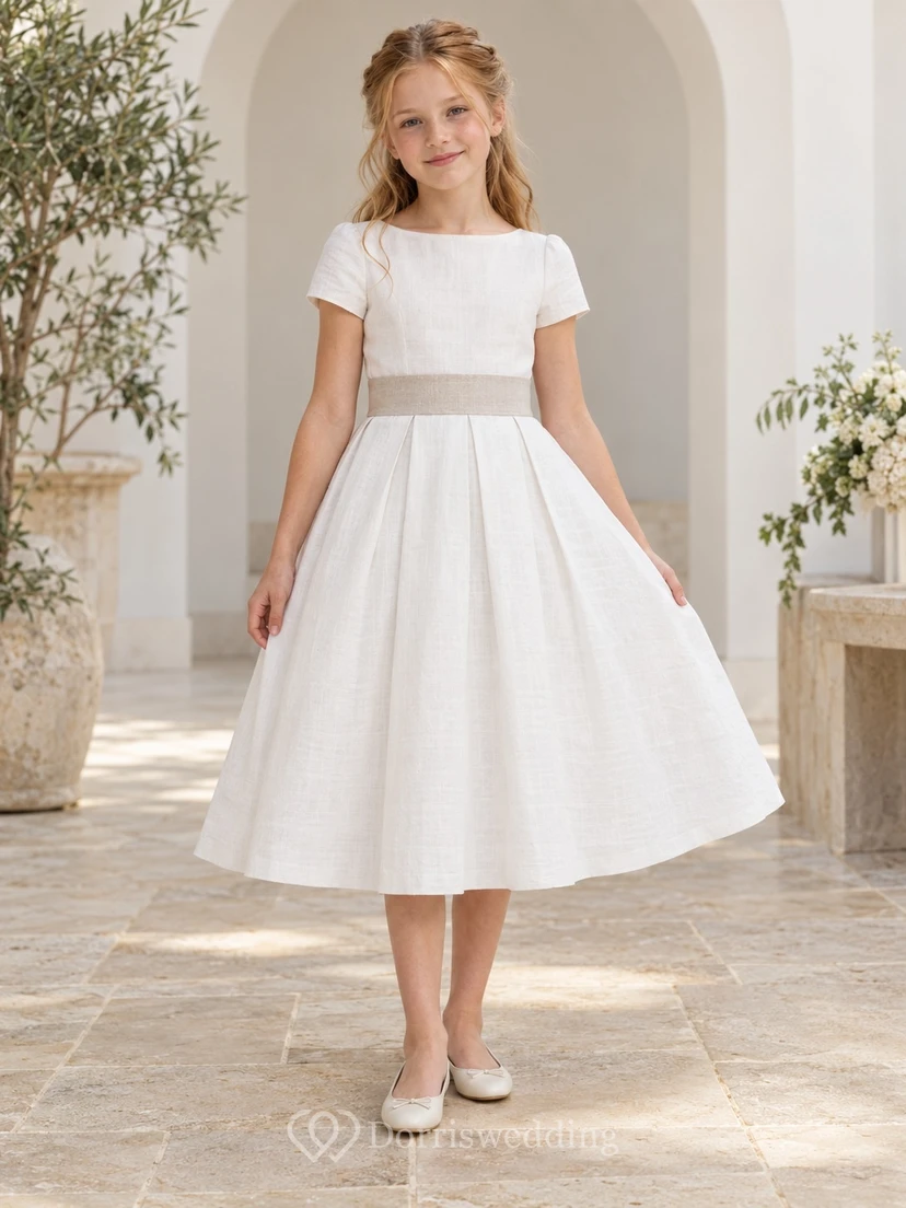 Simple Modest White Tea-length Short Sleeve Taupe Sash Narrow Pleat Flower Girl Dress