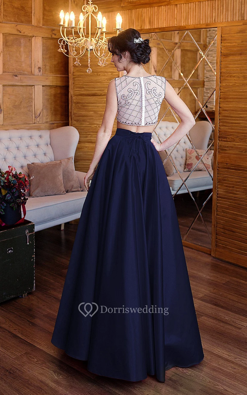 A-Line Floor-Length High-Neck Short Sleeve Satin Pleats Beading Button Dress view 2