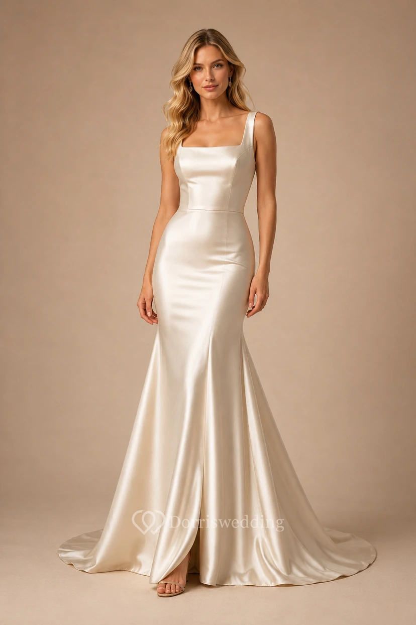 Robe de soirée sirène en satin ivoire, col carré, sans manches, traîne.
