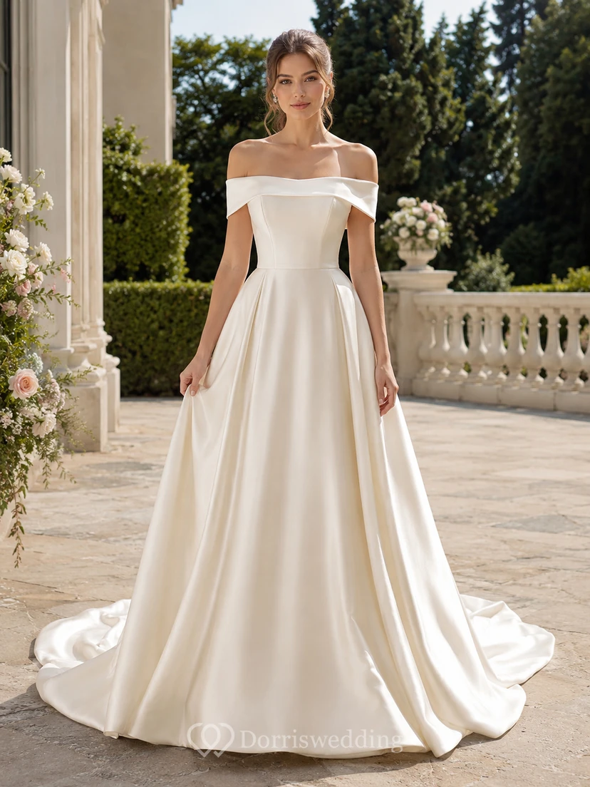 Robe de mariée minimaliste en satin, robe de bal à épaules dénudées et traîne.