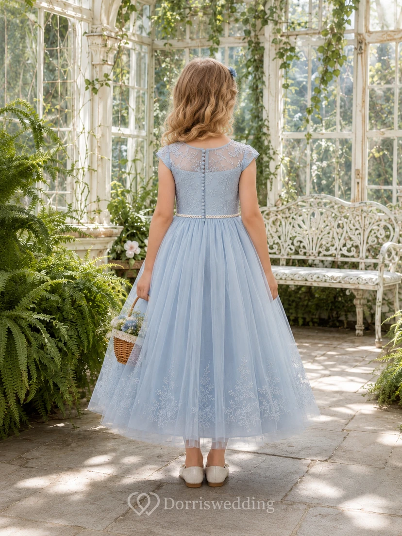Modest A-Line Flower Girl Dress with Jewel Neck Cap Sleeves Sky Blue Lace Tulle Greenhouse Celebration view 2