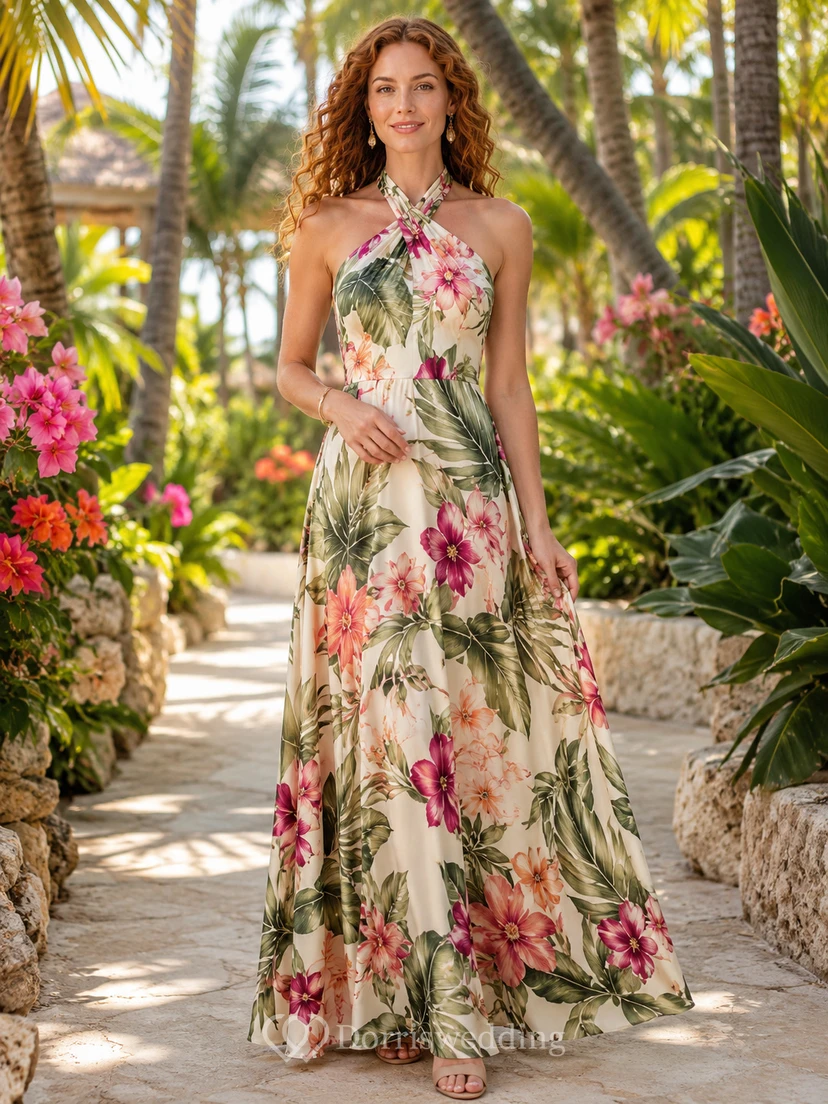 Cream tropical floral halter chiffon maxi resort dress