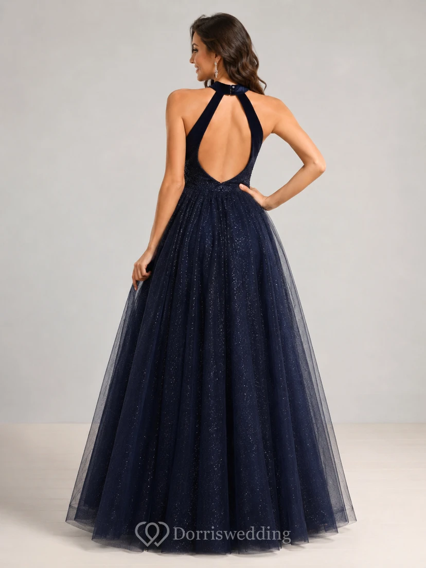 Navy Halter Keyhole Glitter Tulle A Line Prom Dress view 2