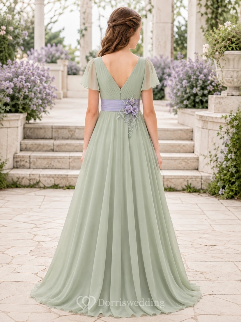 Celadonfarbenes Brautjungfernkleid für junge Damen, A-Linie, V-Ausschnitt, kurze Blütenblattärmel, Blumenschärpe/Band, elegant view 2