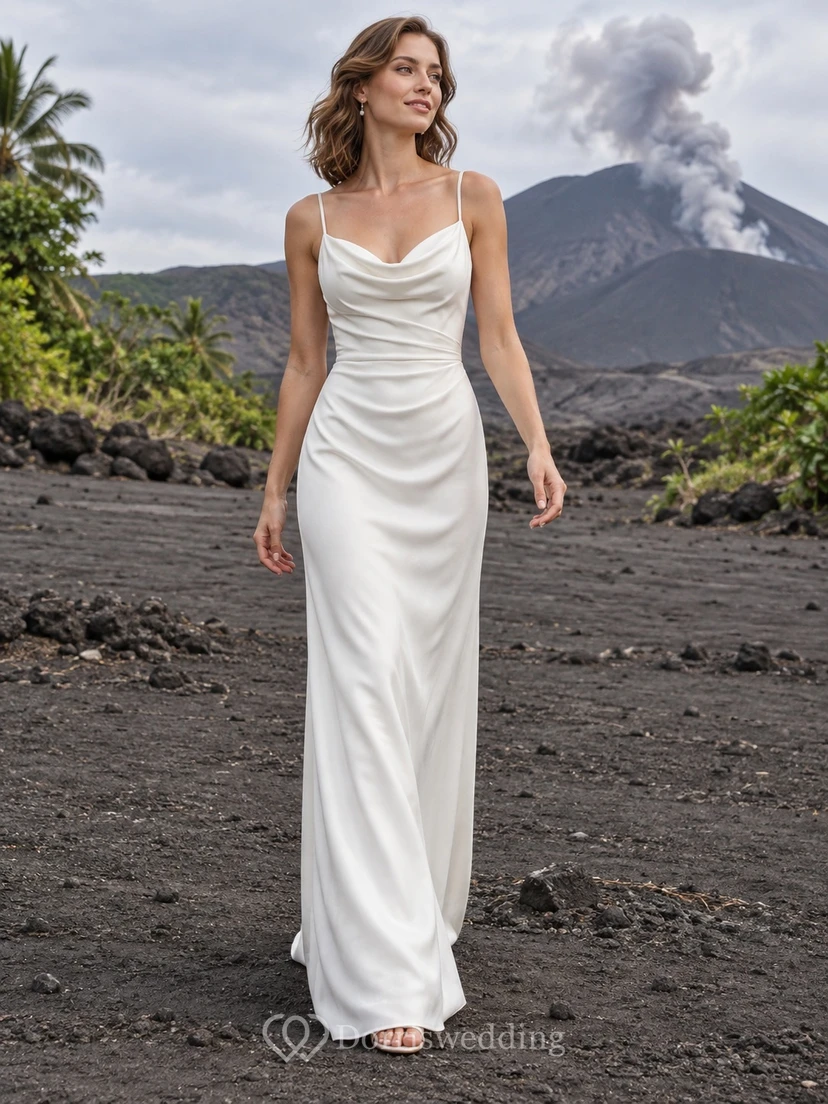 Schlichtes, bodenlanges Brautkleid aus Satin mit Spaghettiträgern und Wasserfallausschnitt