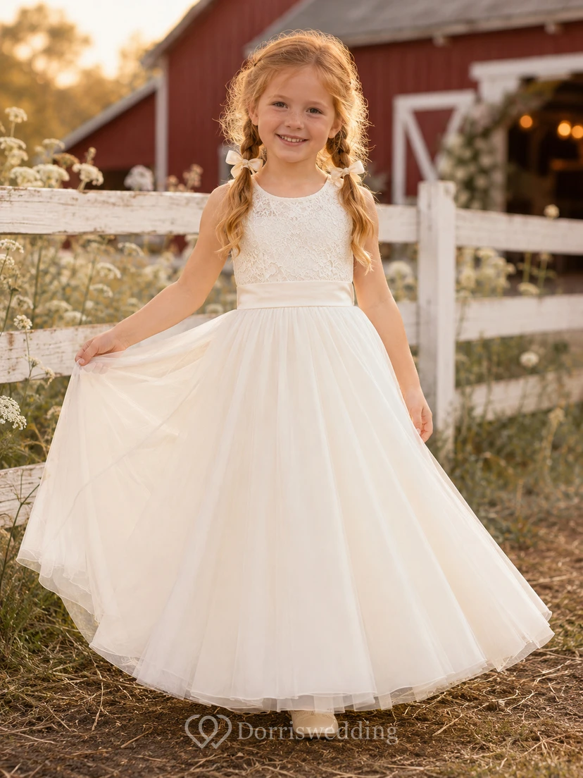 Ärmelloses Tüllkleid für Blumenmädchen mit Schleife am Rücken