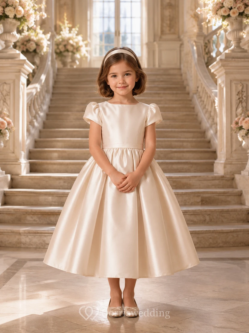 Robe de demoiselle d'honneur en satin champagne, coupe trapèze, manches bouffantes, longueur thé, nœud.