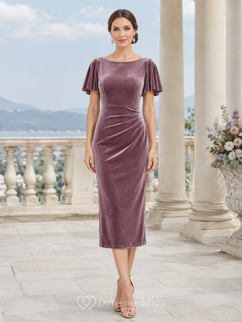 Vestido midi de terciopelo color malva con cuello joya, mangas tipo pétalo y corte recto para invitadas.