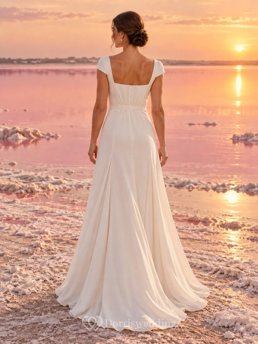 Vestido de novia sencillo con escote cuadrado, mangas cortas, corpiño liso, corte recto, cintura natural y cola. view 2