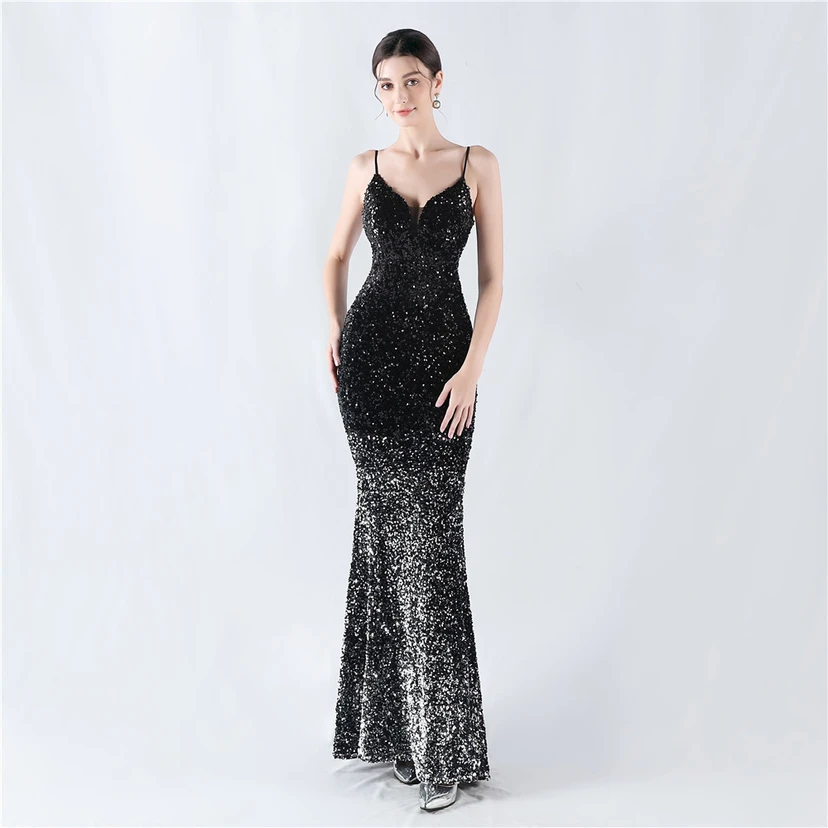 Samtiger, farbverlaufender, perlenbesetzter, sexy Strumpfhalter-Abendkleid view 57