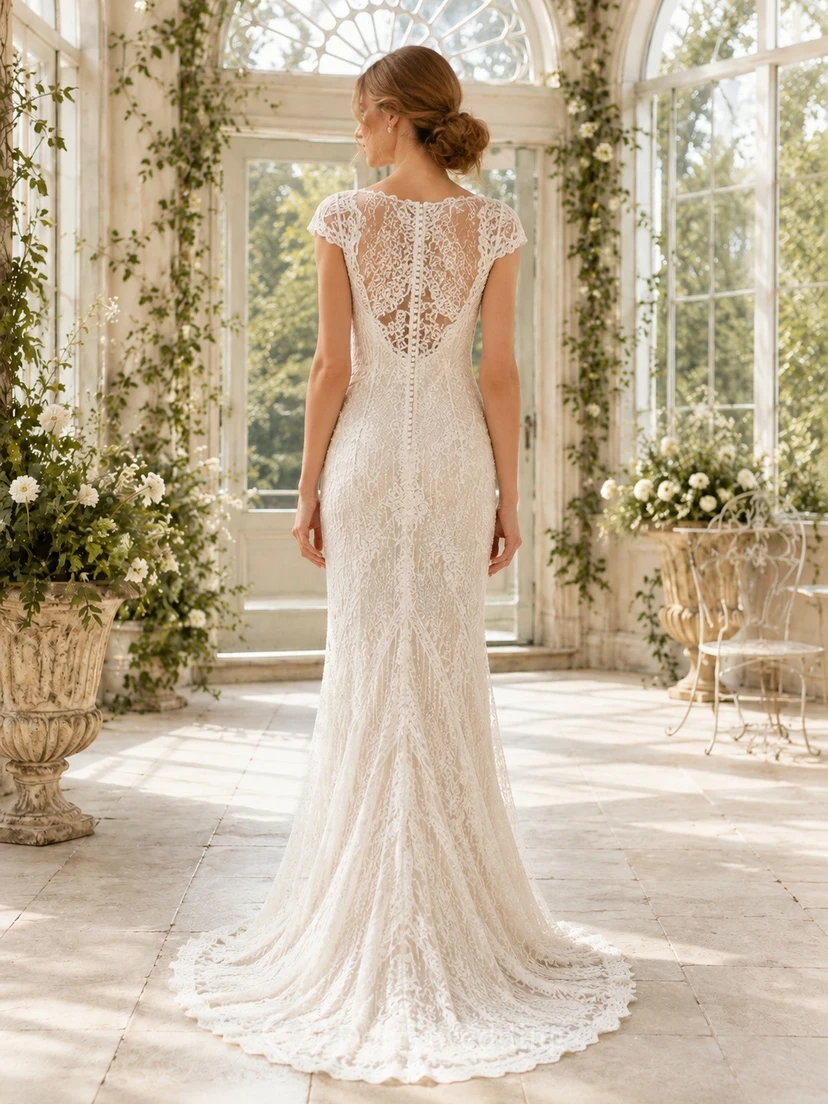 Meerjungfrauen-Brautkleid mit floralem Muster, kurzen Ärmeln, V-Ausschnitt, Spitze und Schleppe view 2
