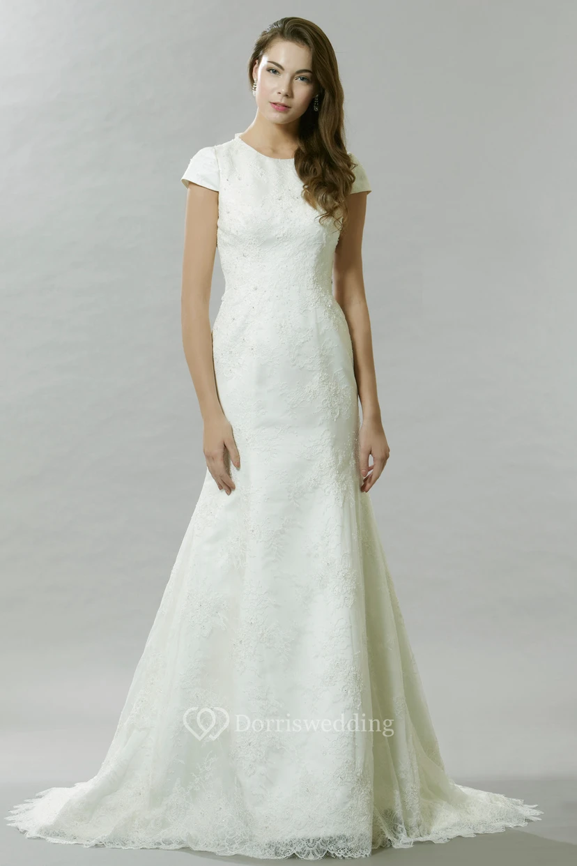 Floor-Length Bowed Cap Sleeve Scoop Neck Lace Wedding Dress
