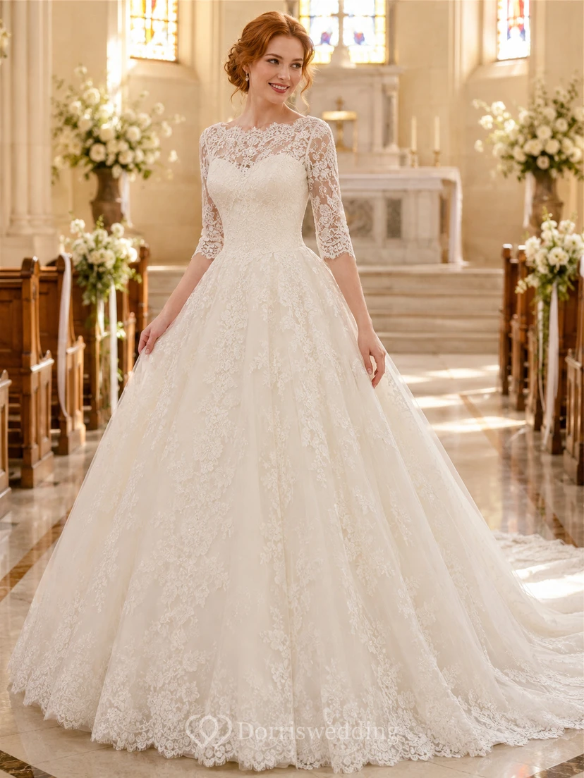 Covered Shoulder Long Sleeve Lace Ball Chapel Bridal Gown