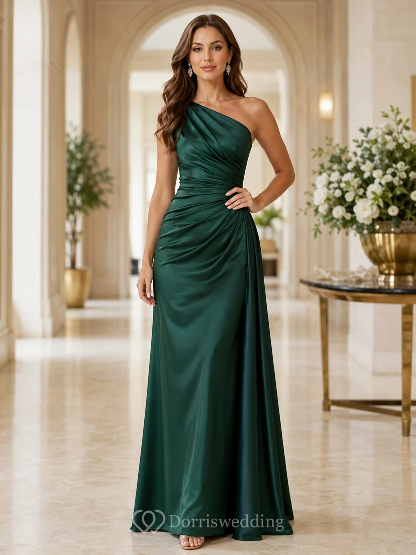 Emerald One Shoulder Draped Satin Formal Dress